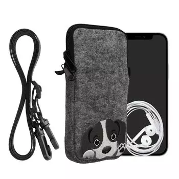 kwmobile Smartphone Shoulder Bag XL Compatible with Smartphones Felt Neck Strap Protective Case with Curious Dog Design - 6.7/6.8 -