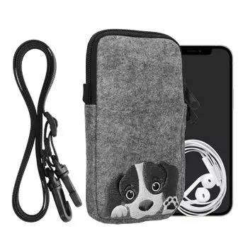 kwmobile Smartphone Shoulder Large Fits Felt Neck Strap Protective Case with Curious Dog Design Bag, - 6.5 -
