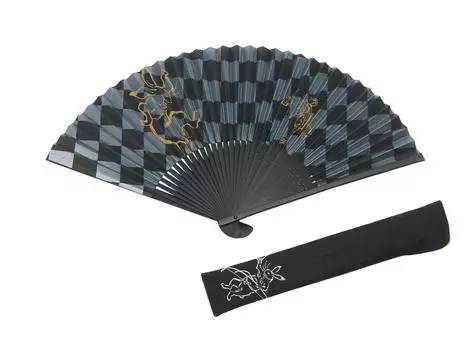 Kyoto checkered black Kyoto craftsman handmade fan bag gift box included [Hasegawa] fan, pattern, Chojugiga, dyed, fan, included,