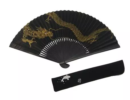 Kyoto Fan for Sekishu Medium Engraving Bag Presentation Box [Hasegawa] Men, Dragon, Black, Gold, Black-dyed Fan, Included,