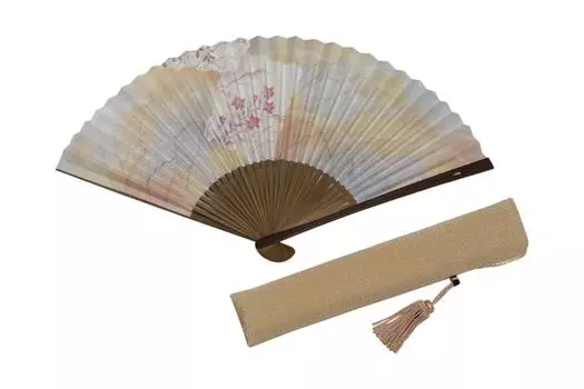 Kyoto fan handmade by Kyoto fan with fan bag paper box included [Hasegawa] Kikyou double-sided pattern, craftsmen, tassels, beige, included,