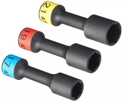 Набор торцевых головок для гаек колес Kyoto Machinery, набор длинных тонкостенных головок TBP4903 (КТК) [12.7кв.м] (БП49-17, 19, 21) 3-х частей чёрный