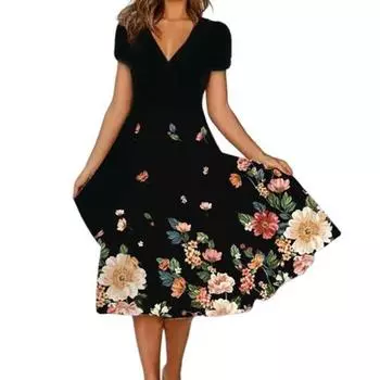 KYUSHUAD Платье миди с v-образным вырезом размера плюс с коротким рукавом и большим подолом, повседневное платье с красочным цветочным принтом