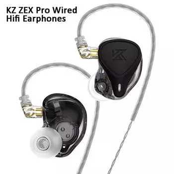 KZ Проводные наушники ZEX Pro с электростатической технологией Hybird. Внутриканальные наушники Hi-Fi. Спортивные игровые наушники с шумоподавлением. Отсоединяемый кабель. No Mic чёрный