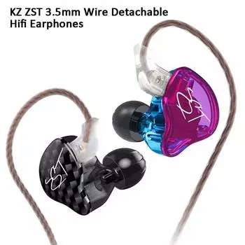 KZ Проводные наушники ZST 3,5 мм с гибридным кабелем драйвера, съемные внутриканальные наушники Hi-Fi, музыкальные наушники, спортивные игровые наушники, гарнитура с шумоподавлением. No Mic чёрный