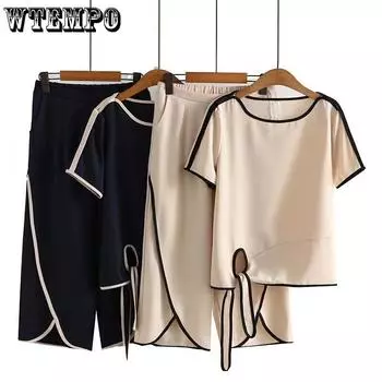 L-4XL костюм для мамы, весенне-летняя женская одежда, футболка с короткими рукавами для мам среднего возраста и брюки, комплект из двух предметов 2XL абрикосовый