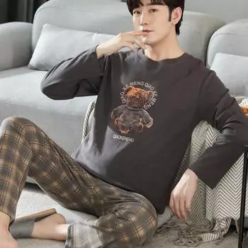 L-4XL Мужской пижамный комплект весна-осень новый хлопковый длинный рукав пижама для мужчин большой размер пуловер домашняя одежда минималистичный мальчик домашняя одежда L чёрный