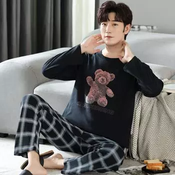 L-4XL Мужской пижамный комплект весна-осень новый хлопковый длинный рукав пижама для мужчин большой размер пуловер домашняя одежда минималистичный мальчик домашняя одежда L