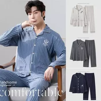 L-4XL осень зима роскошные пижамы трикотажные хлопковые мужские пижамы комплект длинные комплекты пижамы ночные рубашки пижамы большие размеры домашняя одежда L