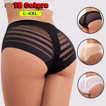 L-4XL женские бесшовные трусы в полоску с высокой талией, трусы-лифты из ледяного шелка, большие размеры, корректирующее белье L чёрный