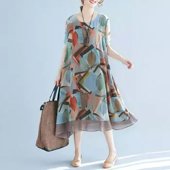 L - 4XL Женское платье больших размеров Летние свободные удобные длинные шифоновые прозрачные платья с короткими рукавами Простые женские длинные платья с баской с принтом L