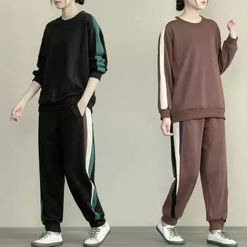 L-5XL, большие размеры, 2 шт., хлопковые женские весенние свободные тонкие удобные толстовки с длинными рукавами, брюки, спортивная одежда, костюм для отдыха L чёрный