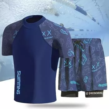 (L-5XL)Мужской комплект купальника для подростков, свободная рубашка для плавания + быстросохнущие шорты для плавания, морская пляжная одежда, купальный костюм для горячих источников XL