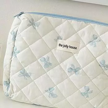 #L Cute Bow Makeup Bag Cotton Quilted Cosmetic Bag Toiletry Bag for Women (Blue