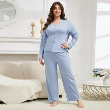 L до 5XL Большие размеры небесно-голубые пижамные комплекты Модная домашняя одежда Костюм из 2 предметов Длинный рукав кардиган и брюки Удобная ночная одежда Повседневная одежда для сна XL