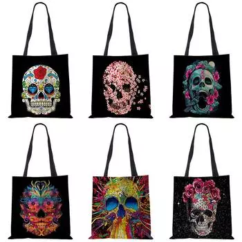 Льняная большая сумка с цветочным принтом черепа, многоразовые сумки на плечо, складные женские повседневные сумки, женские тканевые сумки