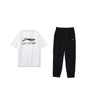 Льняная футболка с круглым вырезом и коротким рукавом, длинные брюки с высокой талией, повседневный спортивный костюм, мужские комплекты AHST471-1+AKLT541-2 L