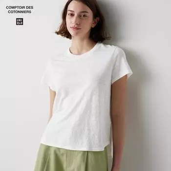 Льняная футболка UNIQLO с круглым вырезом и короткими рукавами