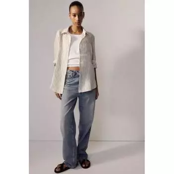 Льняная рубашка HM в бежевую полоску