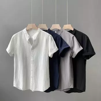 Льняная рубашка мужская с вертикальным воротником и короткими рукавами в стиле ретро, тонкая дышащая однотонная рубашка XXXXXL белый
