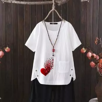 Льняная рубашка с ретро-графикой, женская летняя винтажная футболка, свободный крой, короткий рукав, S-4XL S белый