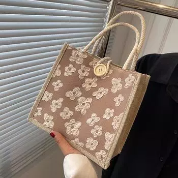 Льняная ручная сумка Bento для женщин 2024 года, новая повседневная сумка для мам на выход, японская льняная студенческая сумка для переноски ланч-бокса хаки