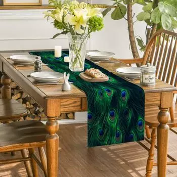 Льняная скатерть с принтом павлиньих перьев, дорожка для стола, праздничная вечеринка, ресторан, украшение для дома и кухни, коврик для стола 33x90cm зелёный