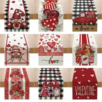 Льняная скатерть с принтом сердца, флагом на день Святого Валентина, украшение для скатерти на 4–6 мест 30x180cm