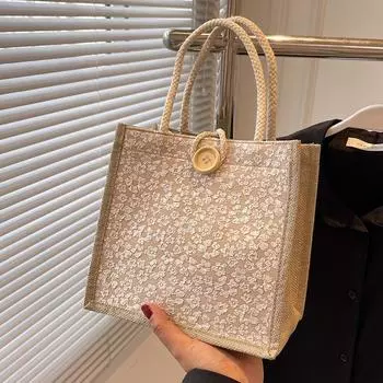 Льняная сумка на молнии и пуговицах, новая модная подарочная упаковочная сумка, большая продуктовая сумка с цветочным узором, женская пляжная сумка, портативная сумка для обеда белый