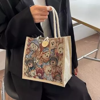 Льняная сумка Spot, льняная сумка, студенческая сумка для переноски ланч-бокса, симпатичная мультяшная холщовая маленькая сумка