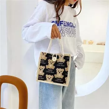 Льняная сумочка, маленькая женская сумка с милым медведем, ланч-бокс, свежие литературные студенческие сумки для макияжа белый