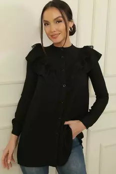 Льняная туника-рубашка с кружевным воланом на воротнике и пуговицами спереди