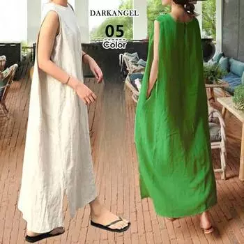 Льняное 7-цветное высококачественное летнее платье без рукавов с круглым вырезом, женское платье с разрезом, однотонное платье средней длины one size хаки