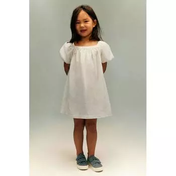 Льняное платье HM с объемными рукавами, белое