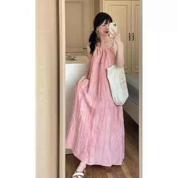 Льняное платье на подтяжках, свободное и тонкое, однотонное, большая юбка-солнце, плиссированная, без рукавов, с вырезом на плече, длинная юбка, юбка А-образного силуэта S розовый