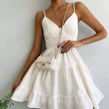 Льняное платье с лямкой на шее Летние сексуальные платья с тонкой спинкой и бретельками без рукавов L бежевый