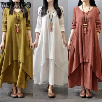 Льняное платье, женское весеннее и осеннее длинное платье из двух частей, художественное льняное платье, свободное однотонное платье с длинными рукавами M белый