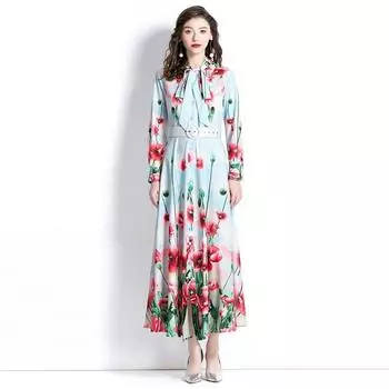 Льняное принтованное платье с длинными рукавами и плавающим поводком весной и летом. S