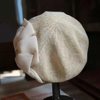 Льняной берет, женская летняя тонкая дышащая шляпа от солнца, шляпа художника, элегантная универсальная модная шляпа с бантом One size бежевый