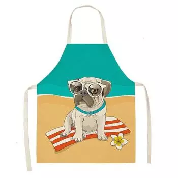 Льняной фартук без рукавов с милым принтом собаки и мопса, кухонный водонепроницаемый пятностойкий фартук для женщин, домашний нагрудник для выпечки и выпечки, кухонный нагрудник на талии 47x38cm