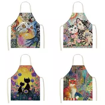 Льняной фартук без рукавов с милым котом, женский кухонный фартук для приготовления пищи, фартук для шеф-повара ресторана, инструмент для уборки дома, нагрудник 47X38CM