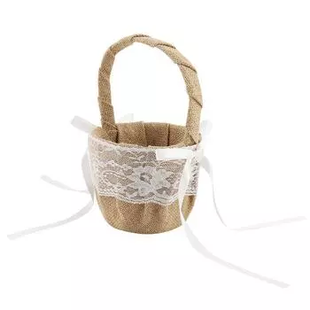 Льняной хлопок и льняной кружевной материал Свадебная цветочная корзина для девочек Белая цветочная корзина