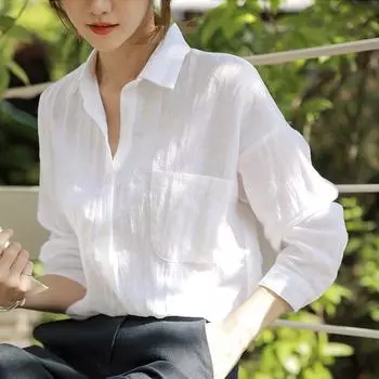 Льняной топ Design Sense Niche Хлопок Льняная белая рубашка Женская повседневная универсальная свободная корейская версия легкая рубашка для взрослых S