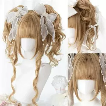 Льняной золотой двойной конский хвост синтетический парик женский натуральный элегантный льняной золотой длинный кудрявый Лолита двойной конский хвост полный парик 50CM