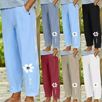 Льняные брюки для женщин, пляжные повседневные свободные летние брюки с эластичной резинкой на талии, укороченные брюки с карманом XXL чёрный