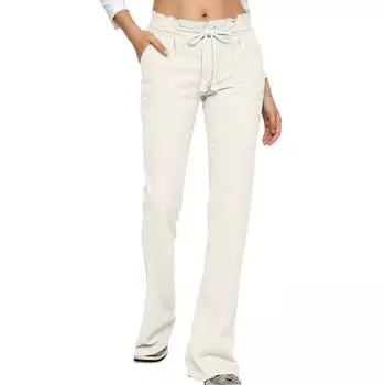 Льняные брюки для женщин, повседневные, однотонные, с эластичной резинкой на талии, длинные прямые брюки L бежевый