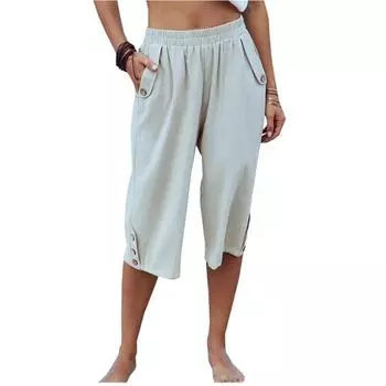 Льняные брюки для женщин, повседневные однотонные брюки, однотонные брюки 3/4 с высокой талией и карманом XXL белый