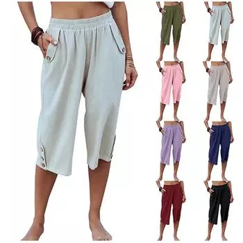 Льняные брюки для женщин, повседневные однотонные брюки, однотонные брюки 3/4 с высокой талией и карманом XL зелёный