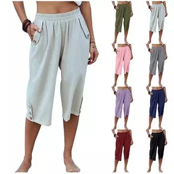 Льняные брюки для женщин, повседневные однотонные брюки, однотонные брюки 3/4 с высокой талией и карманом XL зелёный