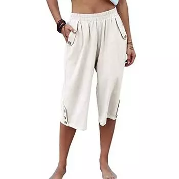 Льняные брюки для женщин, повседневные однотонные брюки, однотонные брюки 3/4 с высокой талией и карманом M бежевый